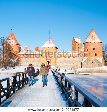 TRAKAI, VILNIUS - JAN 6: Trakai Castle in winter - Island castle on Jan. 6, 2015 in Trakai, Vilnius, Lithuania. Trakai Castle is one of the most popular tourist destinations in Lithuania.