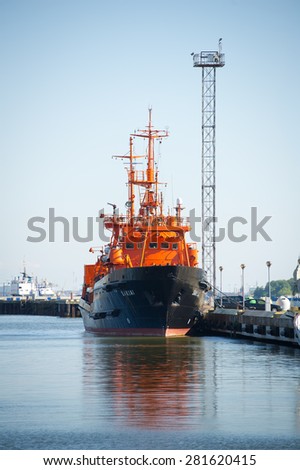 KLAIPEDA - MAY 22: Lithuanian Naval Force Search and Rescue (SAR) ship 'SAKIAI' in Klaipeda Harbour on May 22, 2015 Klaipeda, Lithuania. Vessel 'Sakiai' has modern SAR and pollution control equipment.