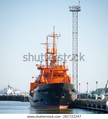 KLAIPEDA - MAY 22: Lithuanian Naval Force Search and Rescue (SAR) ship \'SAKIAI\' in Klaipeda Harbour on May 22, 2015 Klaipeda, Lithuania. Vessel \'Sakiai\' has modern SAR and pollution control equipment.
