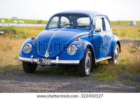 ICELAND-SEP 16, 2015: Volkswagen Beetle - Kaefer - Bug retro car. The Volkswagen Beetle is a two-door, four passenger, rear-engine economy car manufactured and marketed by German automaker Volkswagen.