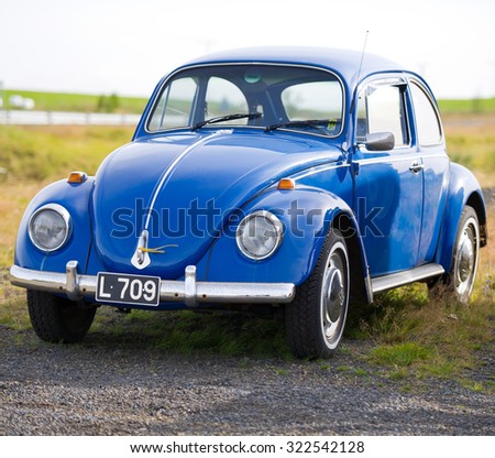 ICELAND-SEP 16, 2015: Volkswagen Beetle - Kaefer - Bug retro car. The Volkswagen Beetle is a two-door, four passenger, rear-engine economy car manufactured and marketed by German automaker Volkswagen.