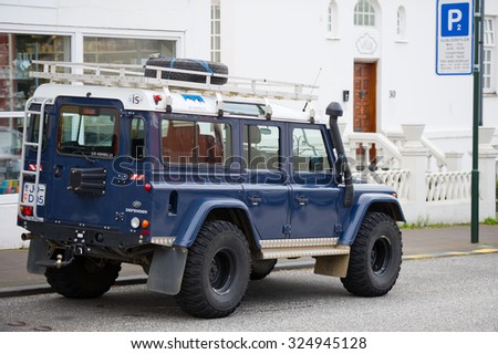 ICELAND, REYKJAVIK - SEP 13: Land Rover Defender on Sep. 13, 2015 in Reykjavik, Iceland. The iconic and legendary Land Rover Defender was issued in 1983. It goes out of production in Dec. 2015.