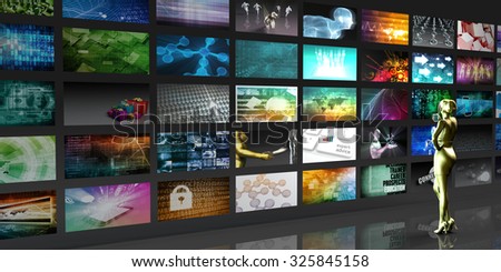 Woman Viewing Video Displays on Black Background Art