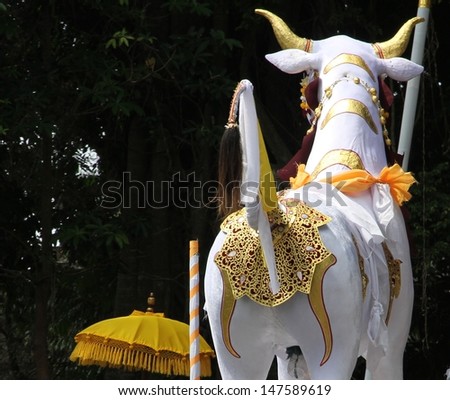 DENPASAR, INDONESIA - MAY 12:  A closeup of the back view of the white bull to be used as a sarcophagus in a Ngaben or cremation ceremony in Ubud, Denpasar, Bali, Indonesia on May 12, 2013.