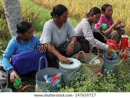 DENPASAR, INDONESIA - MAY 12:  A traditional scene of  local Balinese women workers taking a break in the rice fields during harvest season taken in Ubud, Denpasar, Bali, Indonesia on May 12, 2013.
