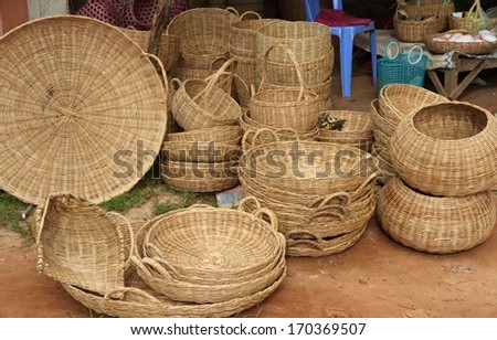 Hand woven baskets on display at a local market near Siem Reap, Cambodia.