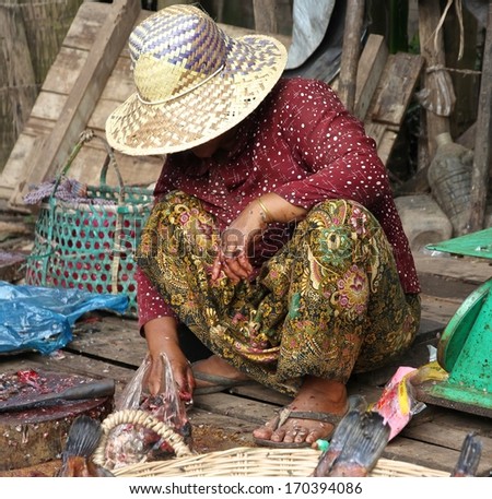 SIEM REAP, CAMBODIA - NOVEMBER 23: A Cambodian woman sitting cleaning fish with her feet covered in fish scales at a local market near Siem Reap, Cambodia on the 23rd November, 2013.