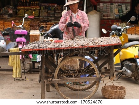SIEM REAP, CAMBODIA - NOVEMBER 27: A Cambodian street food hawker selling cooked spiced snails from a tray cart in Siem Reap, Cambodia.