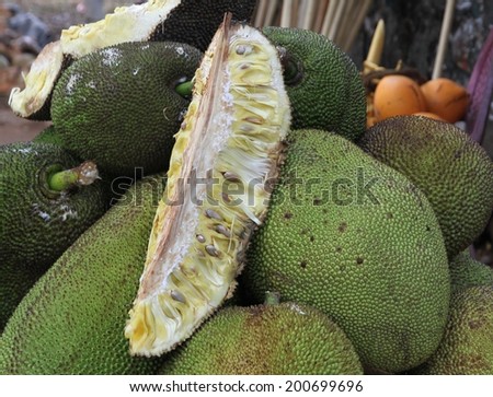 Fresh jackfruit, native to South and South-East Asia, sliced and ready to eat.