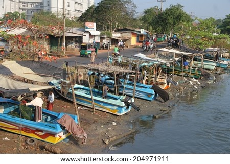 COLOMBO, SRI LANKA - MARCH 1: Fishing boats moored on the muddy banks of the lagoon near the fish markets of Negombo, near Colombo, Sri Lanka on the 1st March, 2014.