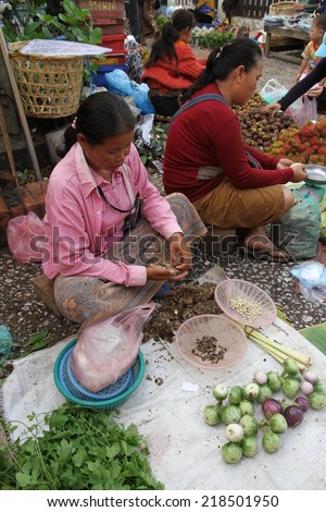 LUANG PRABANG, LAOS - AUGUST 15: Local hill tribe women selling their fresh food produce at the local market in Luang Prabang, Laos on the 15th August, 2014.