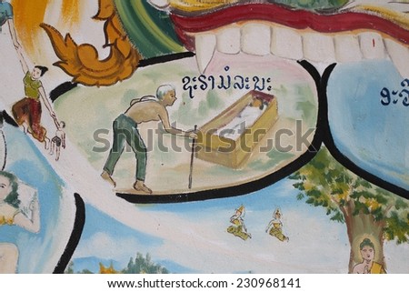 LUANG PRABANG, LAOS - AUGUST 16: Paintings of the cycle of life and the consequences of bad behaviour in the next life on the walls of a Buddhist temple in Luang Prabang, Laos on the 16th August, 2014