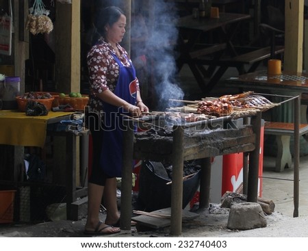 LUANG PRABANG, LAOS - AUGUST 16: A typical scene of a local hill tribe woman cooking on a barbecue at a roadside stall in Luang Prabang, Laos on the 16th August, 2014.