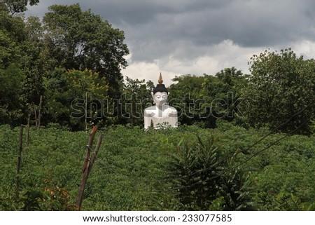 A large white statue of Buddha sitting in the countryside of the northern province of Loei, Thailand.