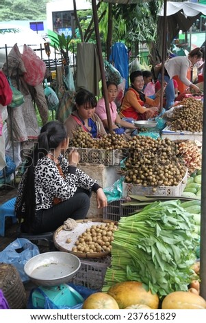 VIENTIANE, LAOS - AUGUST 6: Local women selling fresh vegetables and fruit at the produce market in Vientiane, Laos on the 6th August, 2014.