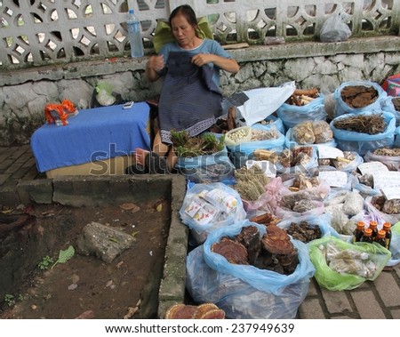 VIENTIANE, LAOS - AUGUST 6: A local female hawker sitting on the footpath with her wares displayed on the main road in the town of Vientiane, Laos on the 6th August, 2014.