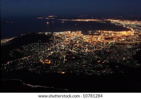 The City of Cape Town in South Africa at night as seen from Table mountain.
