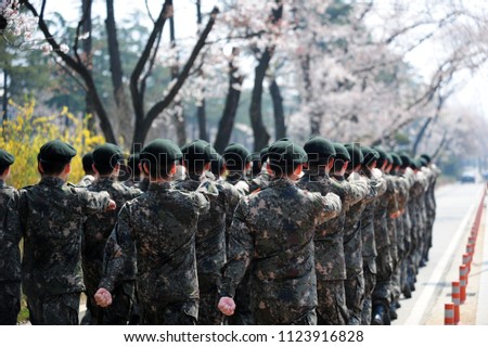 South Korean Army soldiers on military training at the Army training center.