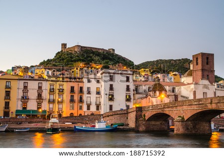 The town of Bosa and the old castle built by the Marquis of Malaspina in 1112 at sunset, Oristano, Sardinia, Italy