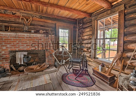 LARGO, FLORIDA - JANUARY 14, 2015 : Interior of the historic McMullen-Coachman Log House in the Pinellas County Heritage Village. It is a typical Florida \