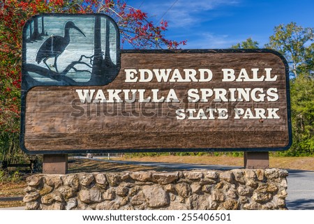 Edward Ball Wakulla Springs entrance sign.  This florida state park is located south of Tallahassee, Florida.