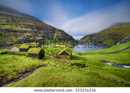 Village of Saksun located on the island of Streymoy, Faroe Islands, Denmark. Long exposure.