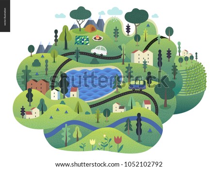 Magical summer landscape - green island with lake, hills, roads, cars, houses and trees, with mountains and clouds above and flowers on foreground.