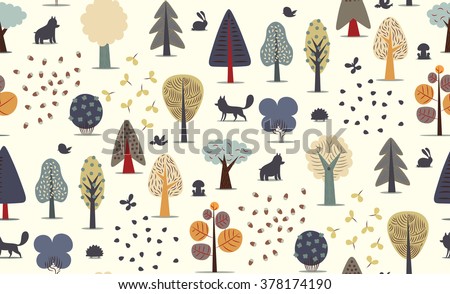 The vector illustrated seamless pattern of flat forest elements - various trees, wild animals and seeds.