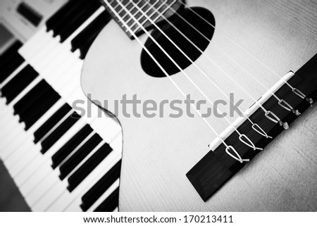 guitar and keyboard musical instruments process B&W old film look