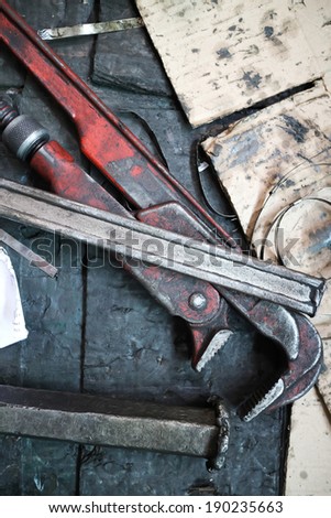 kit of adjustable metallic tools in auto shop