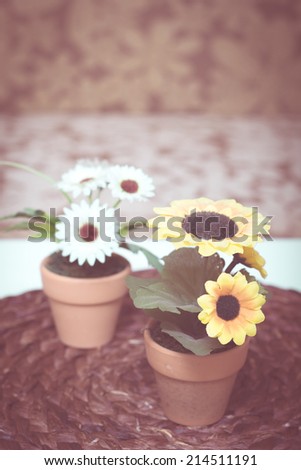 corner of cozy living room , flowers in pots on the handcraft papyrus mat and flower pattern armchair background / old film vintage style processed
