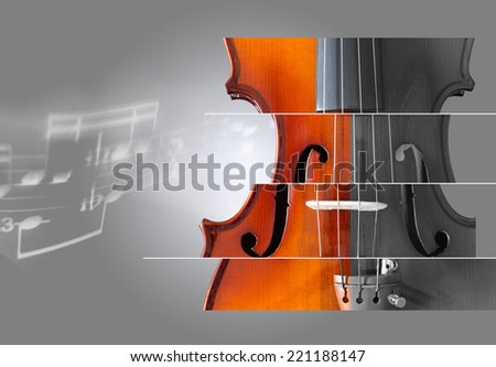 vintage classical violin & color music notation floating on dark grey  for music concept background