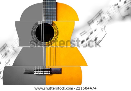 acoustic , classical guitar & floating music note on white background