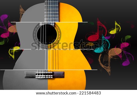 acoustic , classical guitar & floating colorful music note on dark background