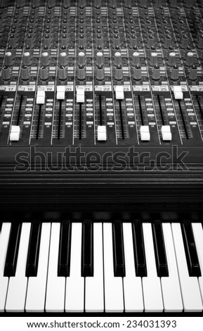 studio mixer & keyboard, piano, synthesizer in home studio