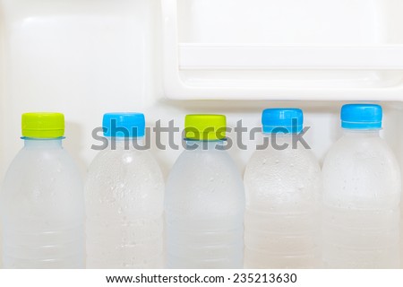 pure fresh cool bottles of water array in the refrigerator / health concept