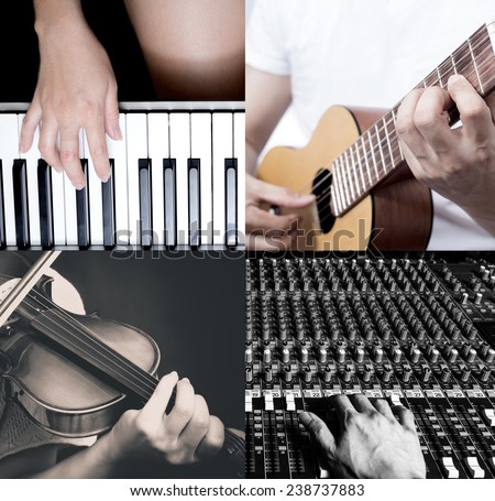 four part of music instruments / piano, guitar, violin, recording studio for music school concept