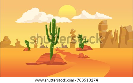 Desert landscape with cactus silhouette in vector graphic.