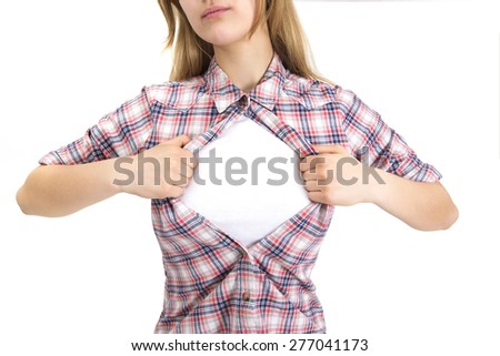 Woman ripping clothes on chest. copy space for advertising sign