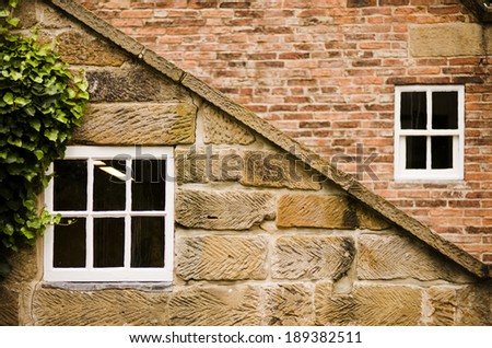 vintage building with ivy, windows, bricks and sand stone
