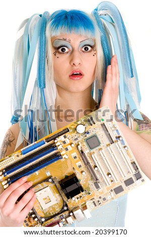 stock photo cyber gothic girl holding mainboard in the hand Hi key