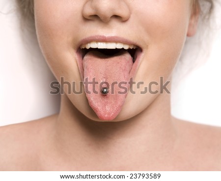 stock photo : mouth of a girl with pierced tongue