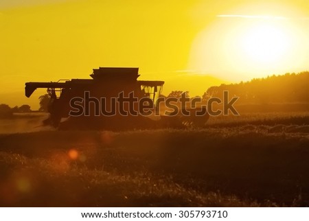 A combine harvester cutting corn at dusk in a field in Thurston near Bury St Edmunds Suffolk