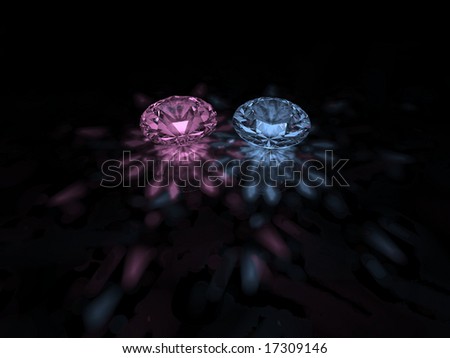 A sparkling pink and blue brilliant cut diamonds on dark background