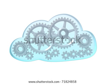 An isolated sky blue cloud full of gears on a white background