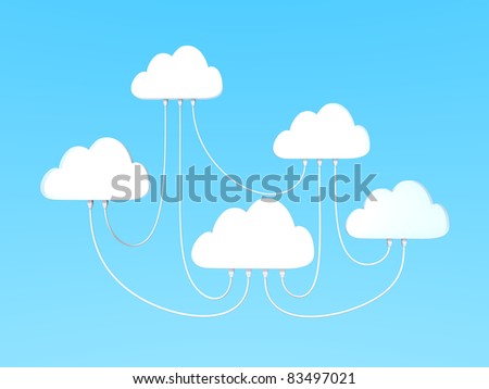 A network of white clouds connected by white Ethernet cables on light blue background
