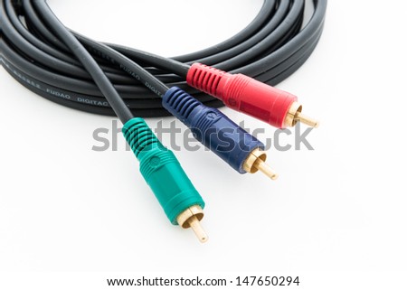 closeup audio video cable RCA to 3.5mm jack on white background