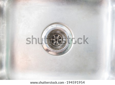 Stainless steel sink plug hole close up background