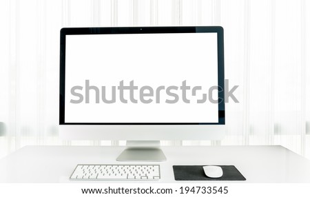 Office desk with the PC and White curtain background