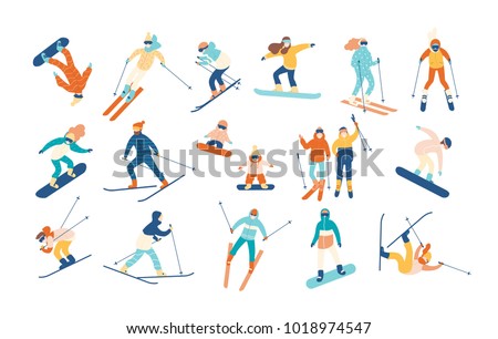 Adult people and children dressed in winter clothing snowboarding and skiing. Male and female cartoon ski and snowboard riders. Winter mountain sports activity. Vector illustration in flat style.
